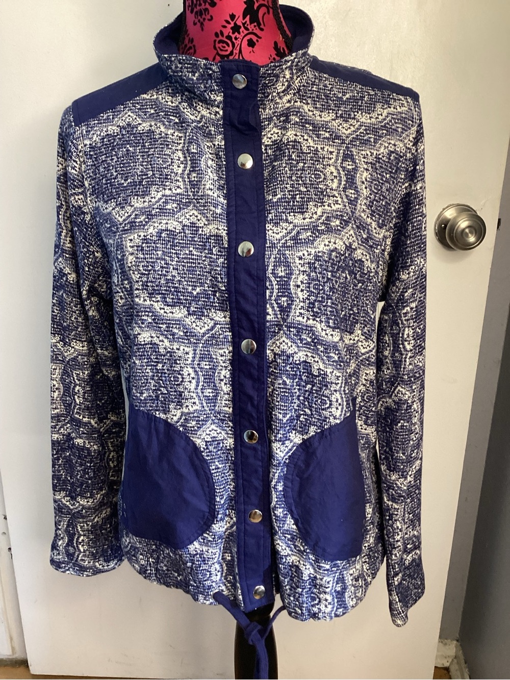 Passport Navy and White Patterned Snap-Front 100% Cotton Utility Jacket M